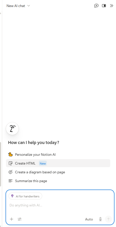 Notion AI chat panel with greeting 'How can I help you today?' and four quick actions: Personalize AI, Create HTML, Create a diagram based on page, and Summarize this page.